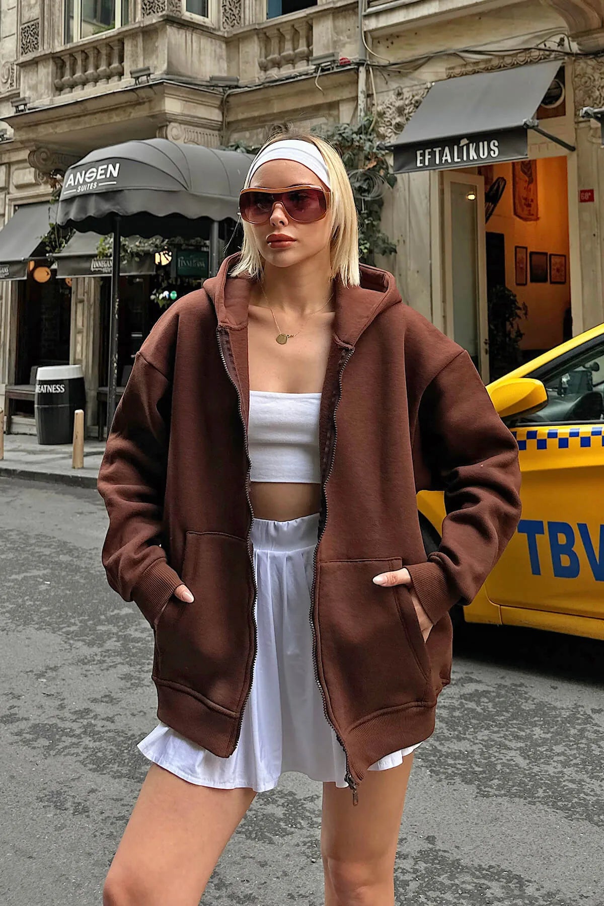 Kahverengi Lena Fermuarlı Kapüşonlu Cepli İçi Polarlı Oversize Kadın Sweatshirt