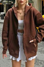 Kahverengi Lena Fermuarlı Kapüşonlu Cepli İçi Polarlı Oversize Kadın Sweatshirt