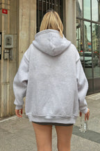 Gri Lena Fermuarlı Kapüşonlu Cepli İçi Polarlı Oversize Kadın Sweatshirt