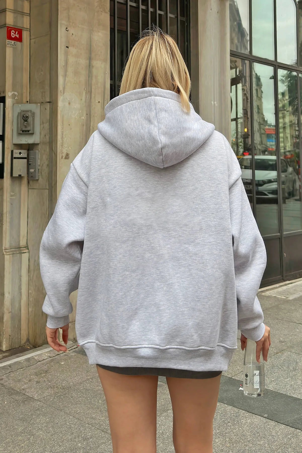 Gri Lena Fermuarlı Kapüşonlu Cepli İçi Polarlı Oversize Kadın Sweatshirt