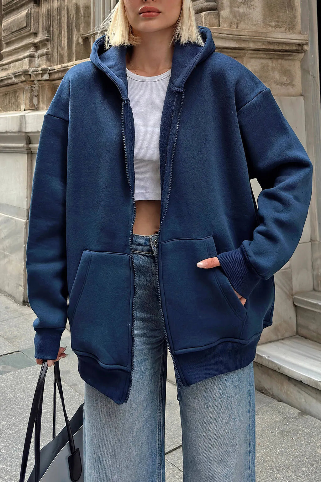 İndigo Lena Fermuarlı Kapüşonlu Cepli İçi Polarlı Oversize Kadın Sweatshirt