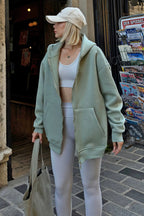 Mint Yeşili Lena Fermuarlı Kapüşonlu Cepli İçi Polarlı Oversize Kadın Sweatshirt