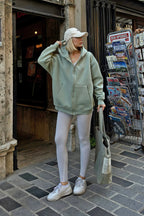 Mint Yeşili Lena Fermuarlı Kapüşonlu Cepli İçi Polarlı Oversize Kadın Sweatshirt