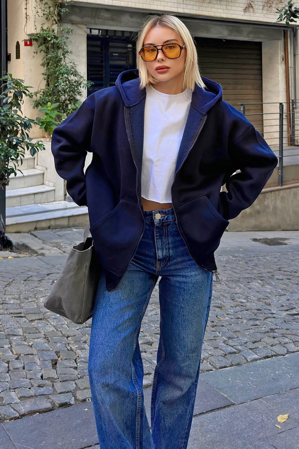 Lacivert Lena Fermuarlı Kapüşonlu Cepli İçi Polarlı Oversize Kadın Sweatshirt