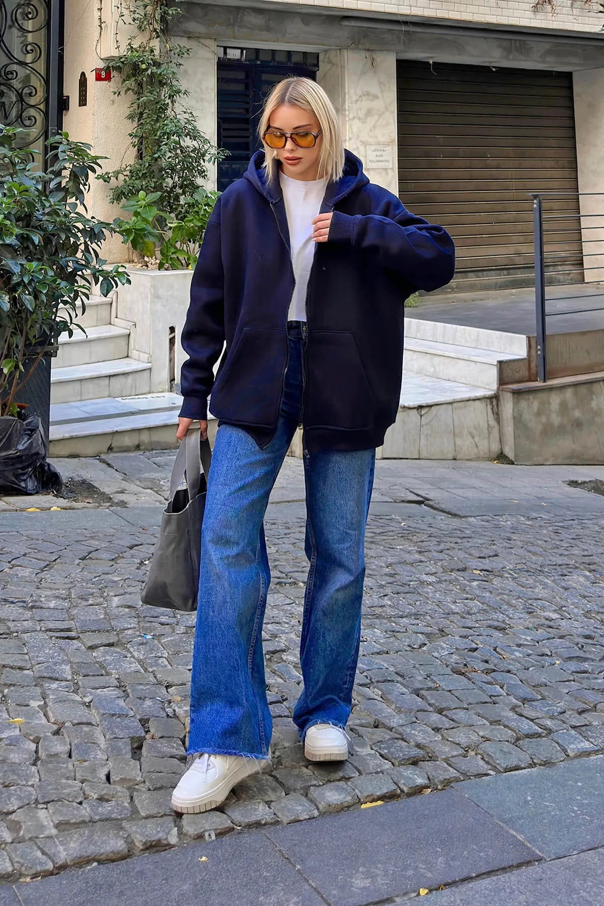 Lacivert Lena Fermuarlı Kapüşonlu Cepli İçi Polarlı Oversize Kadın Sweatshirt