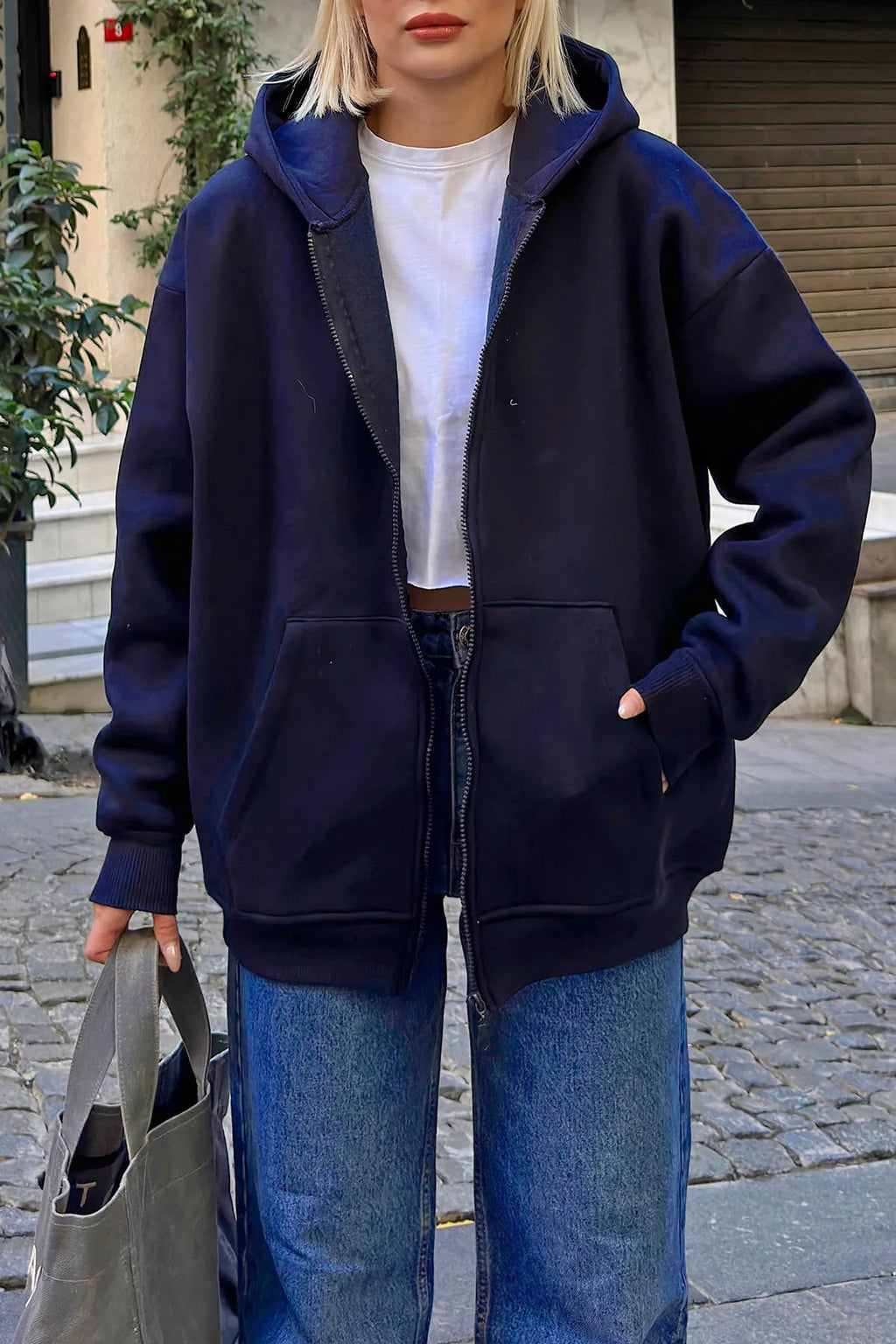 Lacivert Lena Fermuarlı Kapüşonlu Cepli İçi Polarlı Oversize Kadın Sweatshirt