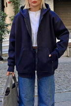 Lacivert Lena Fermuarlı Kapüşonlu Cepli İçi Polarlı Oversize Kadın Sweatshirt