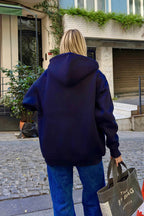 Lacivert Lena Fermuarlı Kapüşonlu Cepli İçi Polarlı Oversize Kadın Sweatshirt