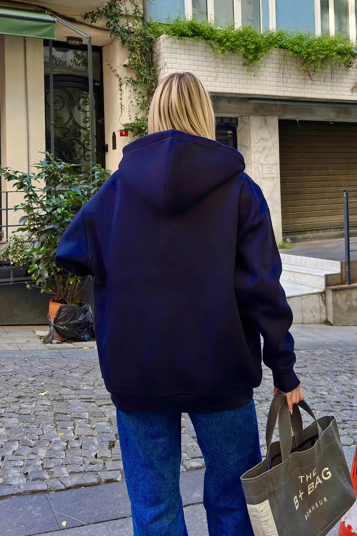 Lacivert Lena Fermuarlı Kapüşonlu Cepli İçi Polarlı Oversize Kadın Sweatshirt
