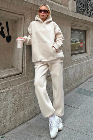 Bej Felpa Kapüşonlu Sweatshirt-Eşofman İçi Şardonlu Kadın Eşofman Takımı