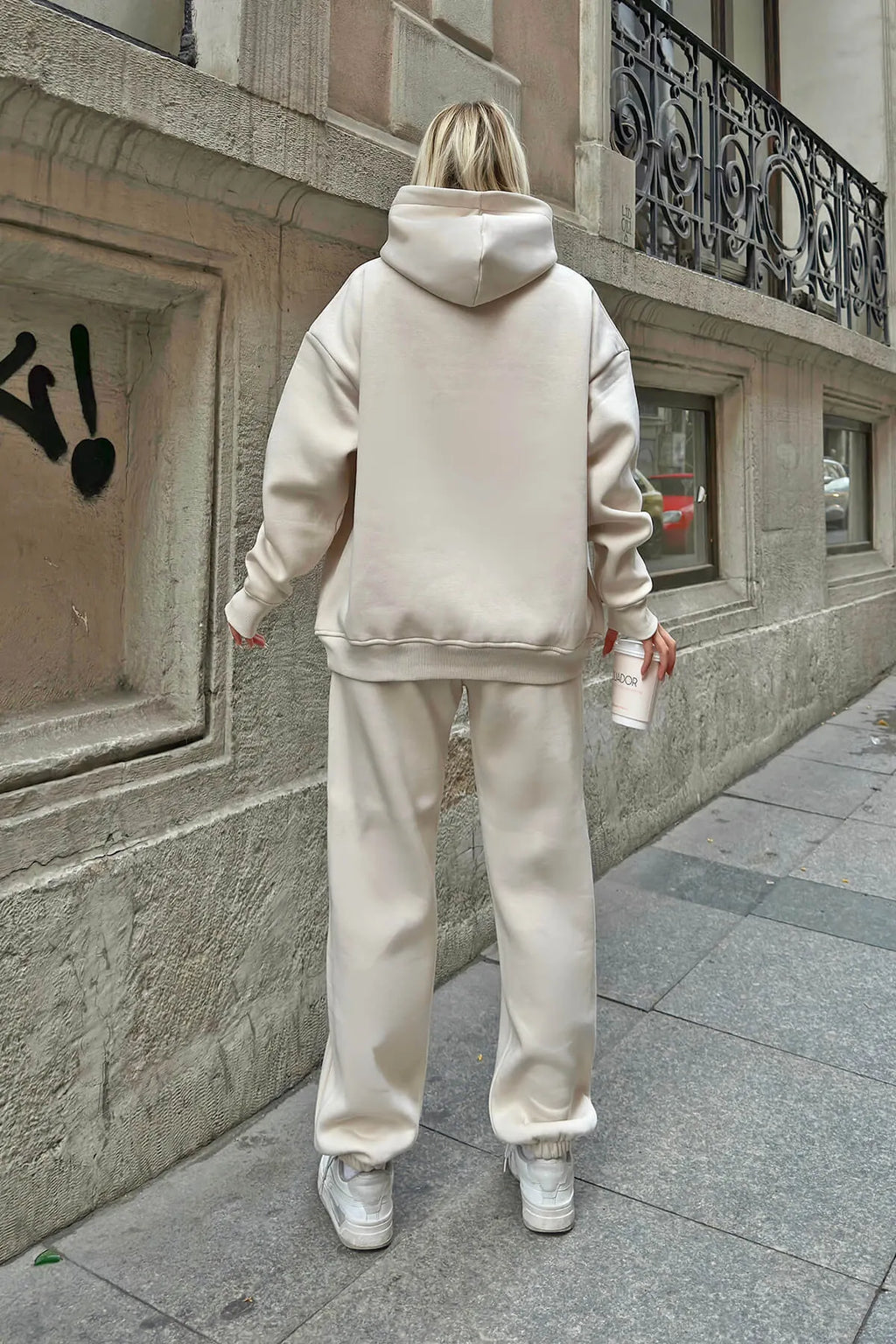 Bej Felpa Kapüşonlu Sweatshirt-Eşofman İçi Şardonlu Kadın Eşofman Takımı