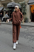 Kahverengi Felpa Kapüşonlu Sweatshirt-Eşofman İçi Şardonlu Kadın Eşofman Takımı