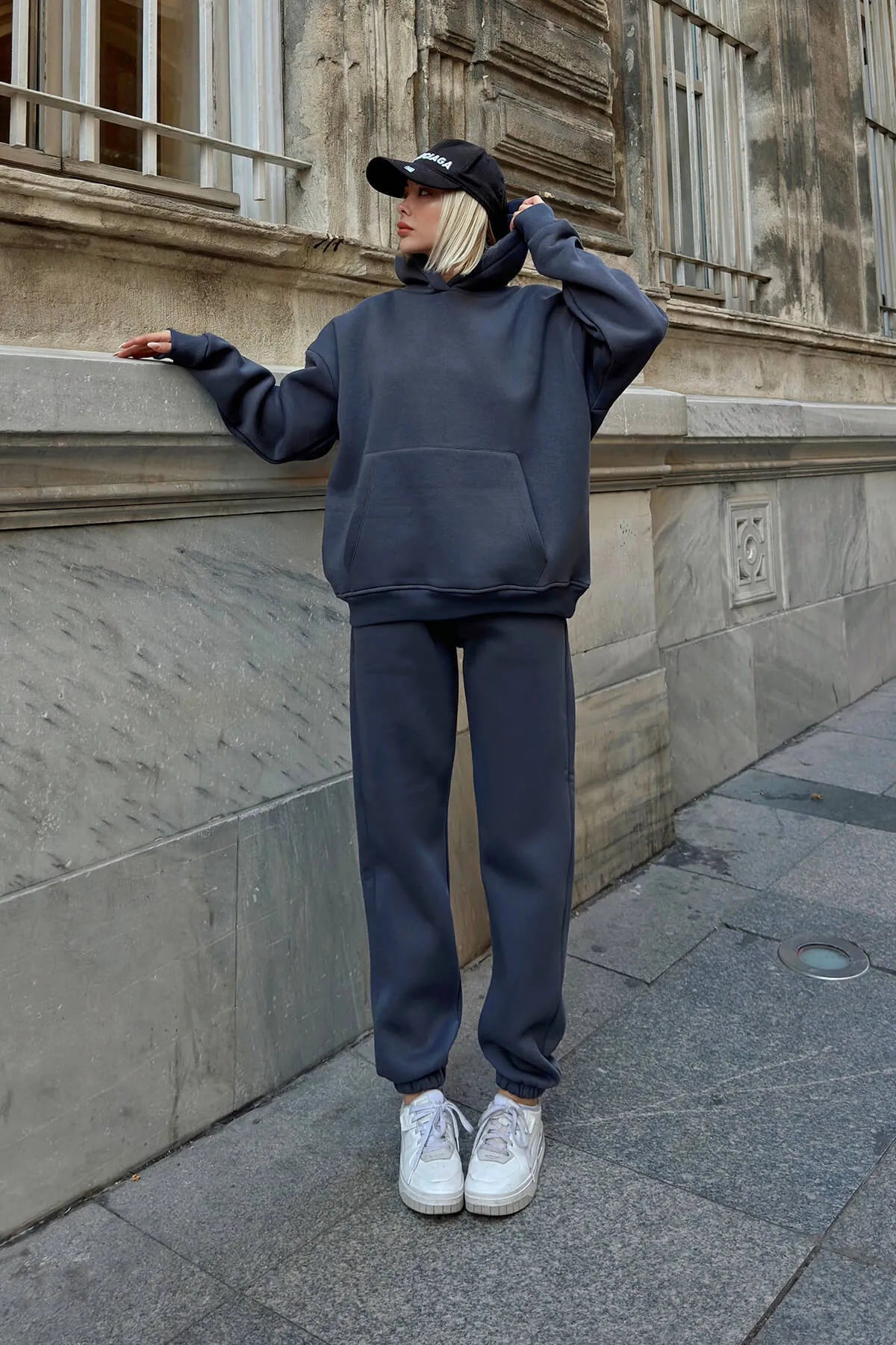 Füme Felpa Kapüşonlu Sweatshirt-Eşofman İçi Şardonlu Kadın Eşofman Takımı