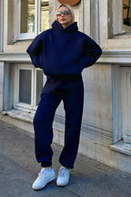 Lacivert Felpa Kapüşonlu Sweatshirt-Eşofman İçi Şardonlu Kadın Eşofman Takımı