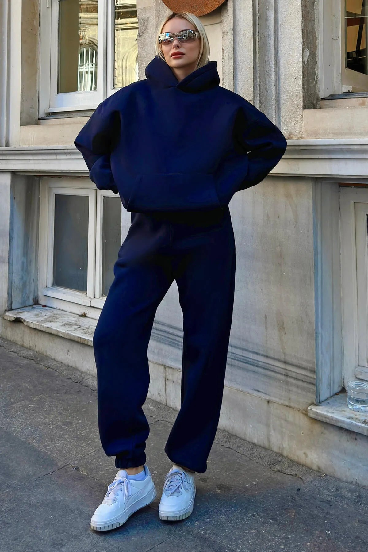 Lacivert Felpa Kapüşonlu Sweatshirt-Eşofman İçi Şardonlu Kadın Eşofman Takımı