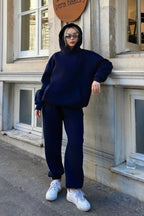 Lacivert Felpa Kapüşonlu Sweatshirt-Eşofman İçi Şardonlu Kadın Eşofman Takımı
