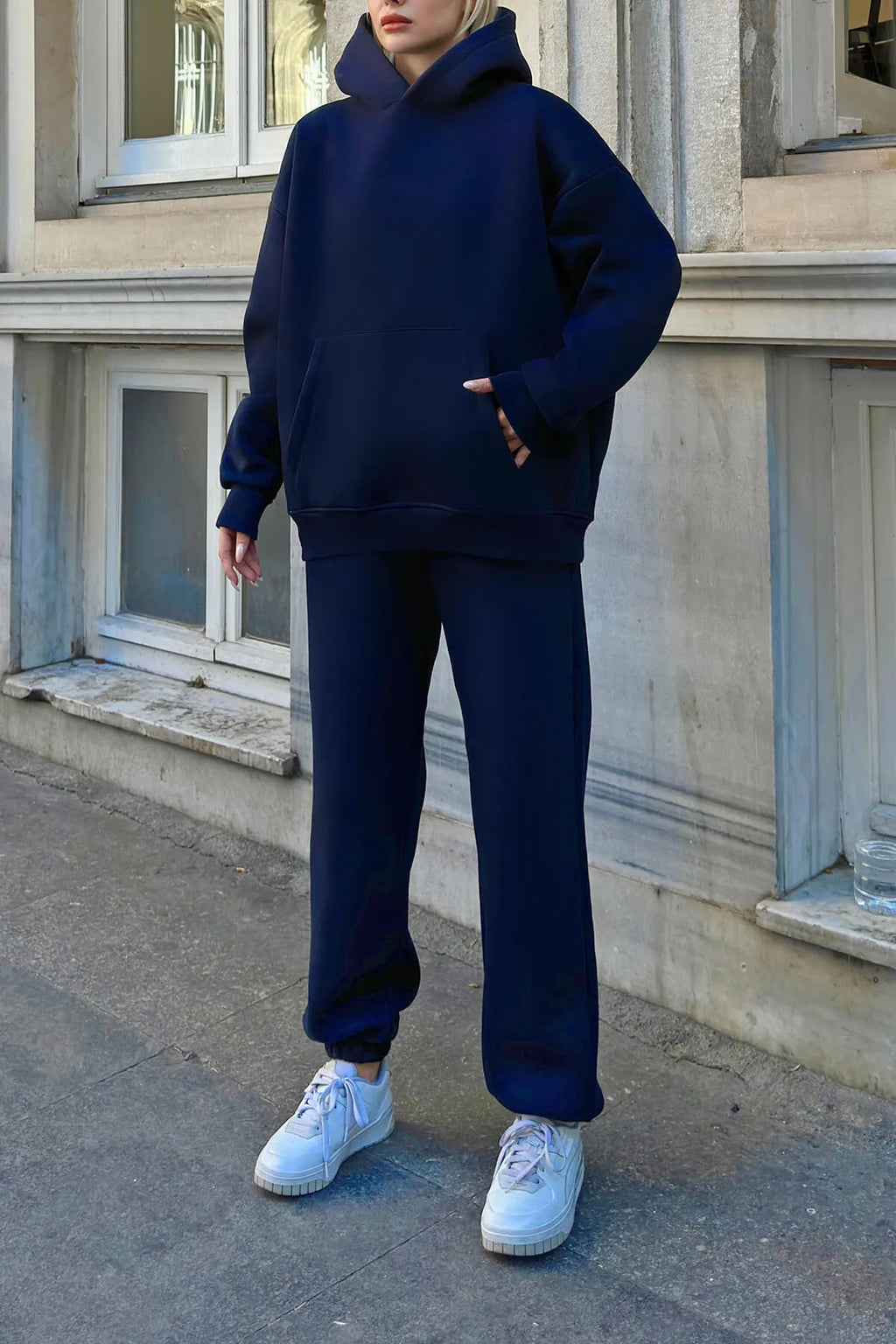 Lacivert Felpa Kapüşonlu Sweatshirt-Eşofman İçi Şardonlu Kadın Eşofman Takımı