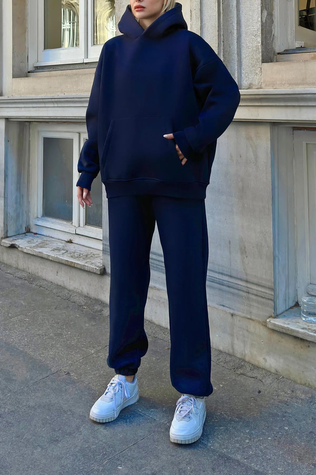 Lacivert Felpa Kapüşonlu Sweatshirt-Eşofman İçi Şardonlu Kadın Eşofman Takımı