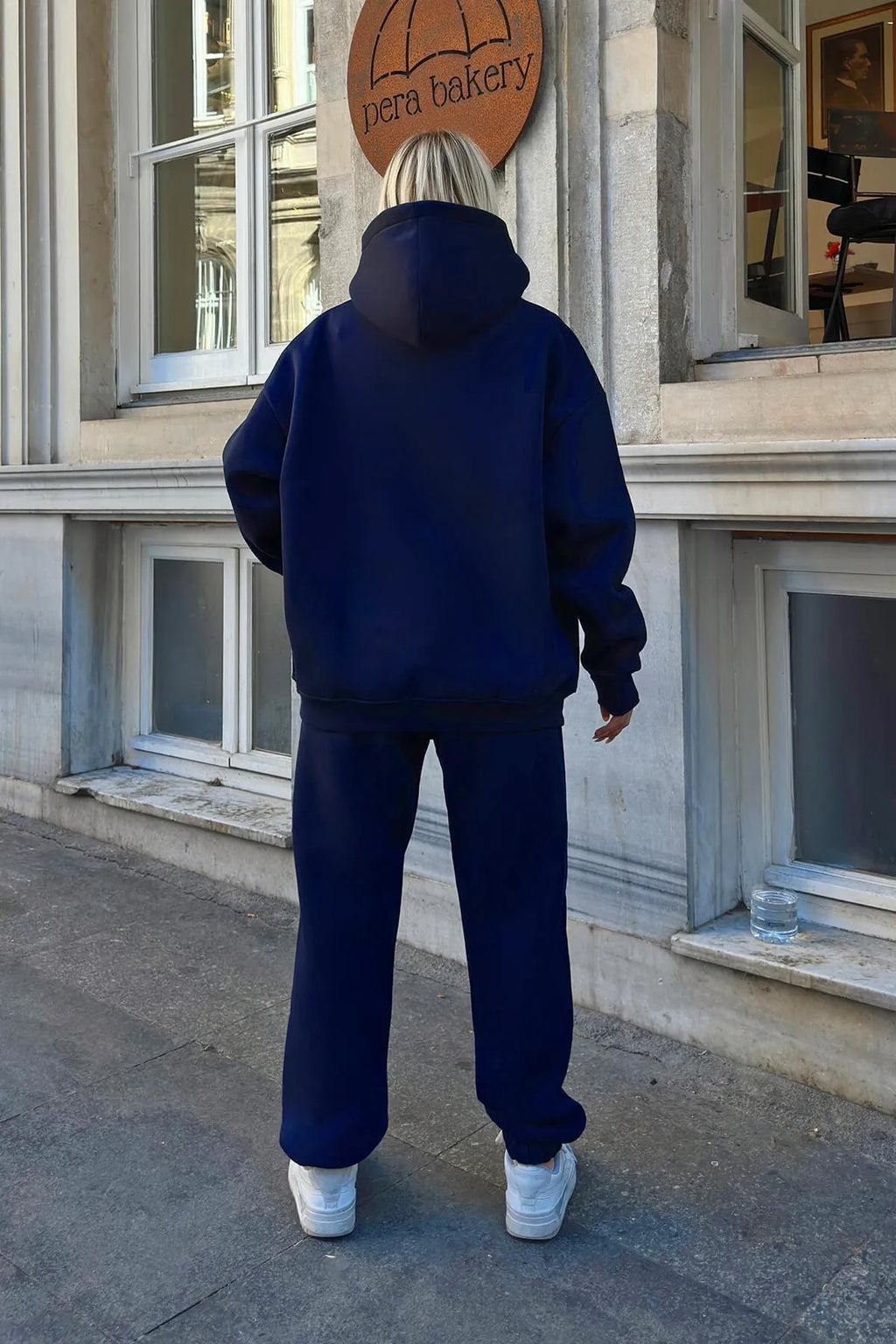 Lacivert Felpa Kapüşonlu Sweatshirt-Eşofman İçi Şardonlu Kadın Eşofman Takımı