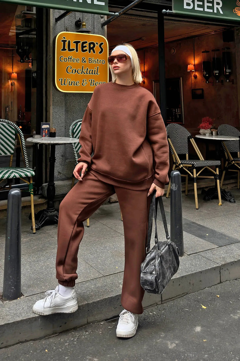 Kahverengi Pow Bisiklet Yaka Sweatshirt-Eşofman İçi Şardonlu Kadın Eşofman Takımı