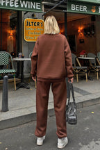 Kahverengi Pow Bisiklet Yaka Sweatshirt-Eşofman İçi Şardonlu Kadın Eşofman Takımı