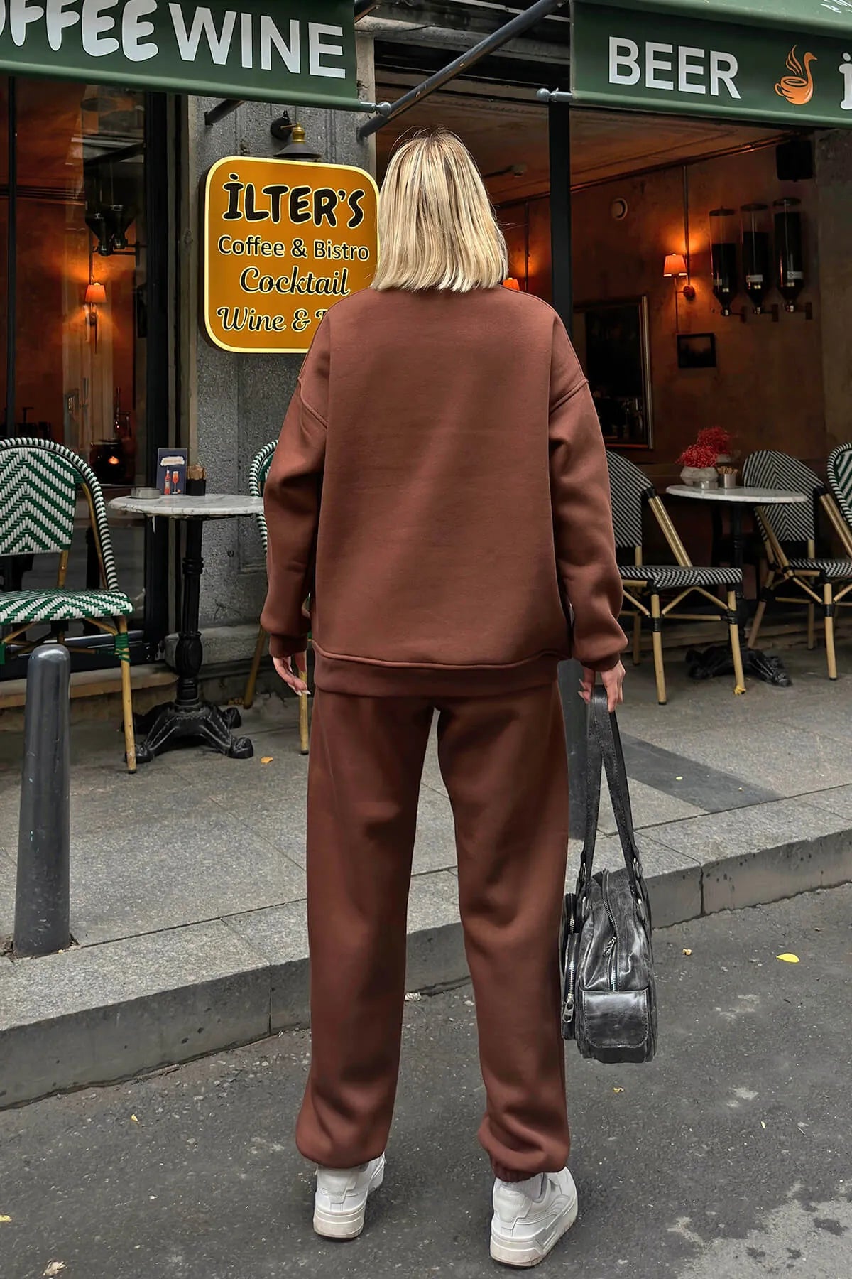 Kahverengi Pow Bisiklet Yaka Sweatshirt-Eşofman İçi Şardonlu Kadın Eşofman Takımı