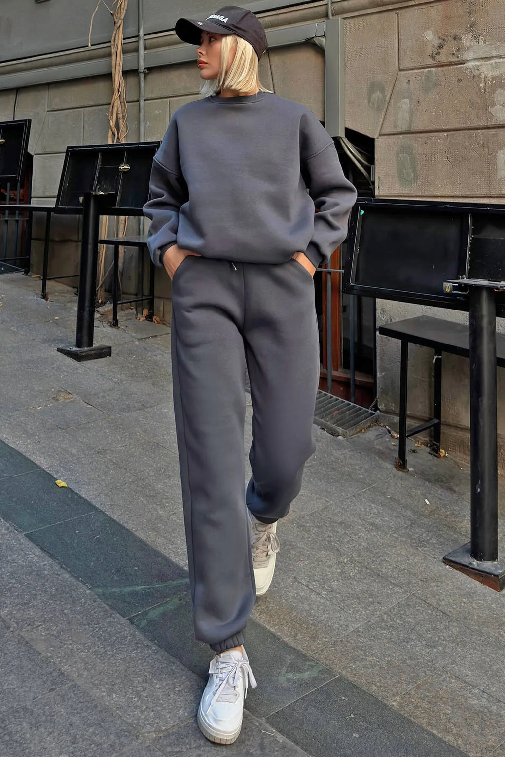 Füme Pow Bisiklet Yaka Sweatshirt-Eşofman İçi Şardonlu Kadın Eşofman Takımı
