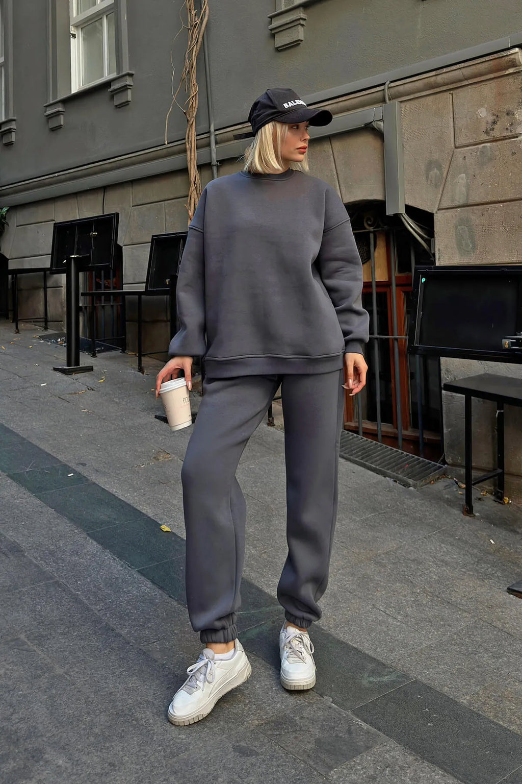 Füme Pow Bisiklet Yaka Sweatshirt-Eşofman İçi Şardonlu Kadın Eşofman Takımı