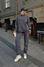 Füme Pow Bisiklet Yaka Sweatshirt-Eşofman İçi Şardonlu Kadın Eşofman Takımı
