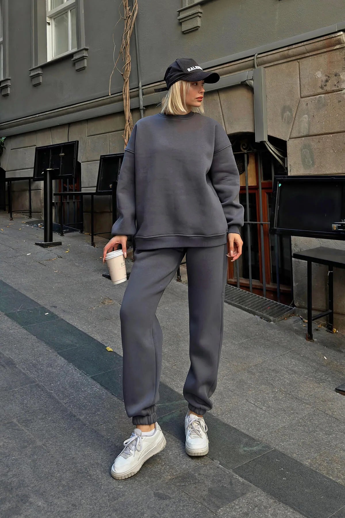 Füme Pow Bisiklet Yaka Sweatshirt-Eşofman İçi Şardonlu Kadın Eşofman Takımı