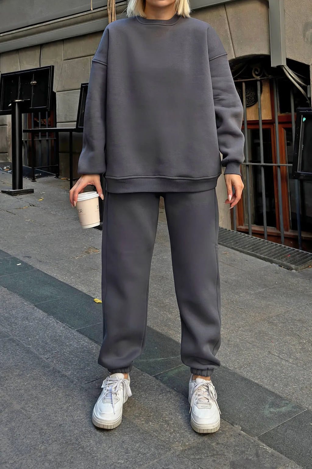 Füme Pow Bisiklet Yaka Sweatshirt-Eşofman İçi Şardonlu Kadın Eşofman Takımı