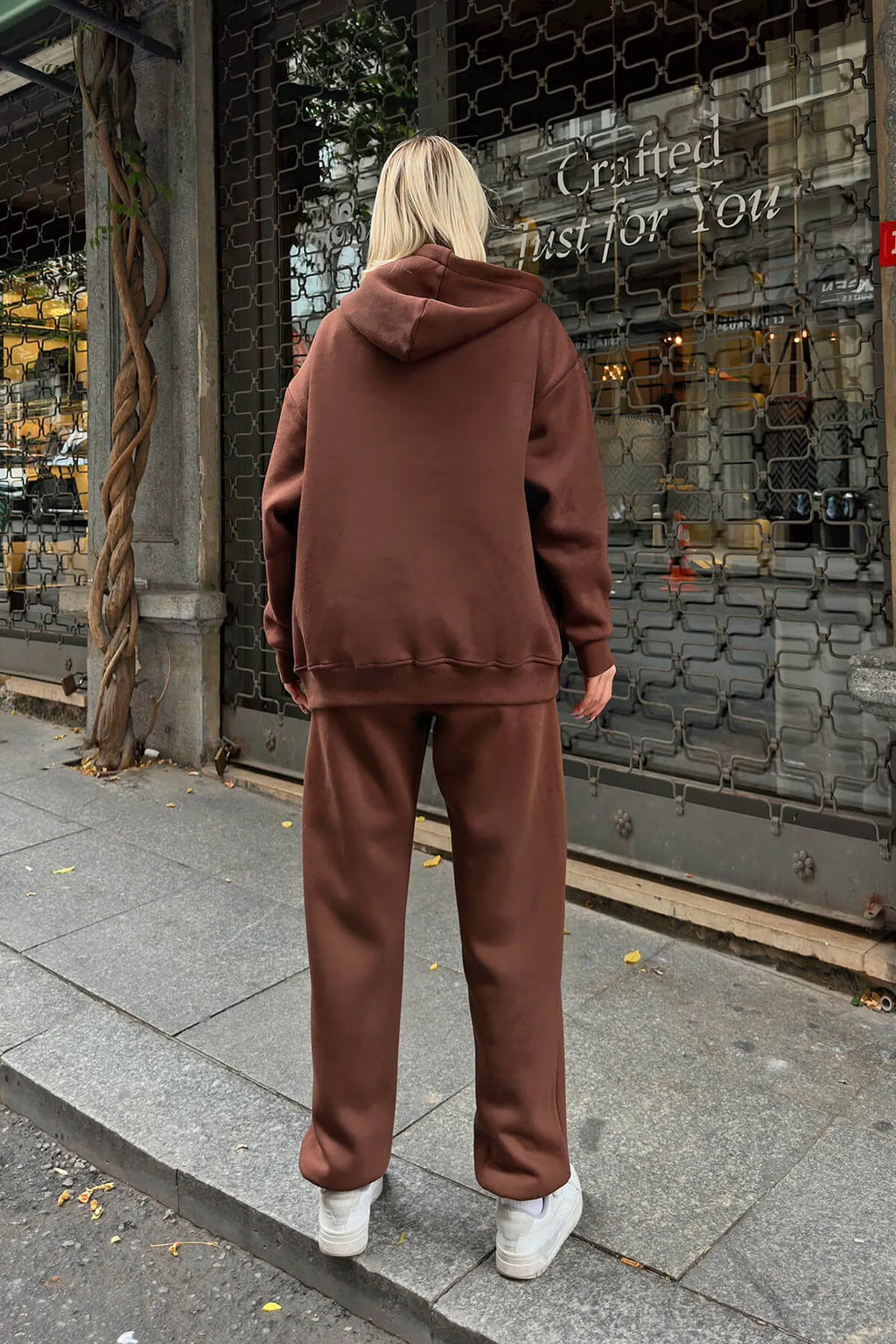 Kahverengi Gily Fermuarlı Kapüşonlu Sweatshirt-Eşofman İçi Şardonlu Kadın Eşofman Takımı