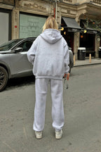 Gri Gily Fermuarlı Kapüşonlu Sweatshirt-Eşofman İçi Şardonlu Kadın Eşofman Takımı