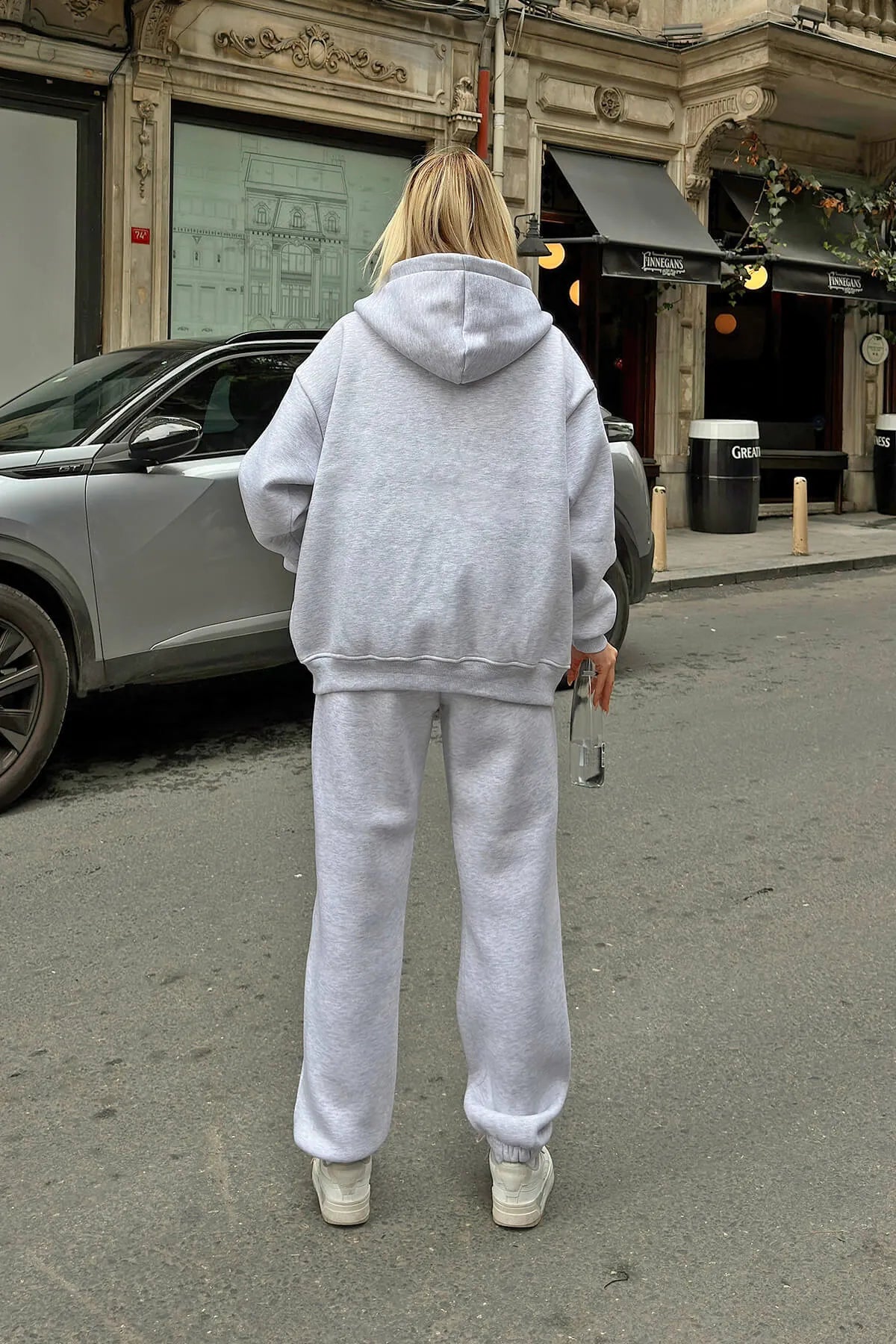 Gri Gily Fermuarlı Kapüşonlu Sweatshirt-Eşofman İçi Şardonlu Kadın Eşofman Takımı