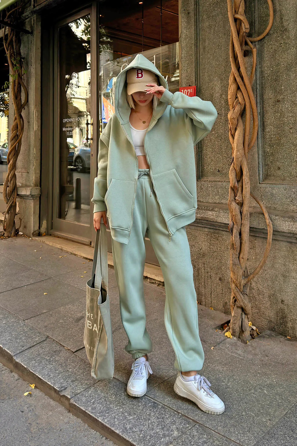 Mint Yeşili Gily Fermuarlı Kapüşonlu Sweatshirt-Eşofman İçi Şardonlu Kadın Eşofman Takımı