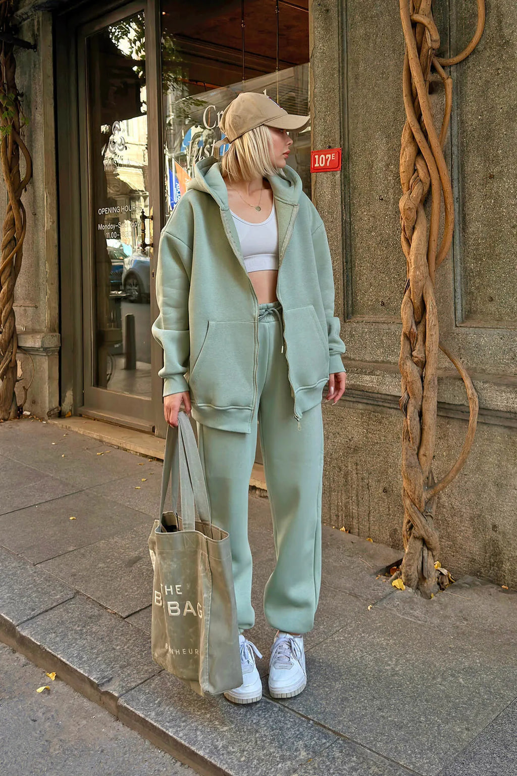 Mint Yeşili Gily Fermuarlı Kapüşonlu Sweatshirt-Eşofman İçi Şardonlu Kadın Eşofman Takımı