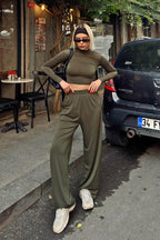 Haki Ced Yarım Balıkçı Crop Bluz-Pantolon Kadın Sandy Alt Üst Takım