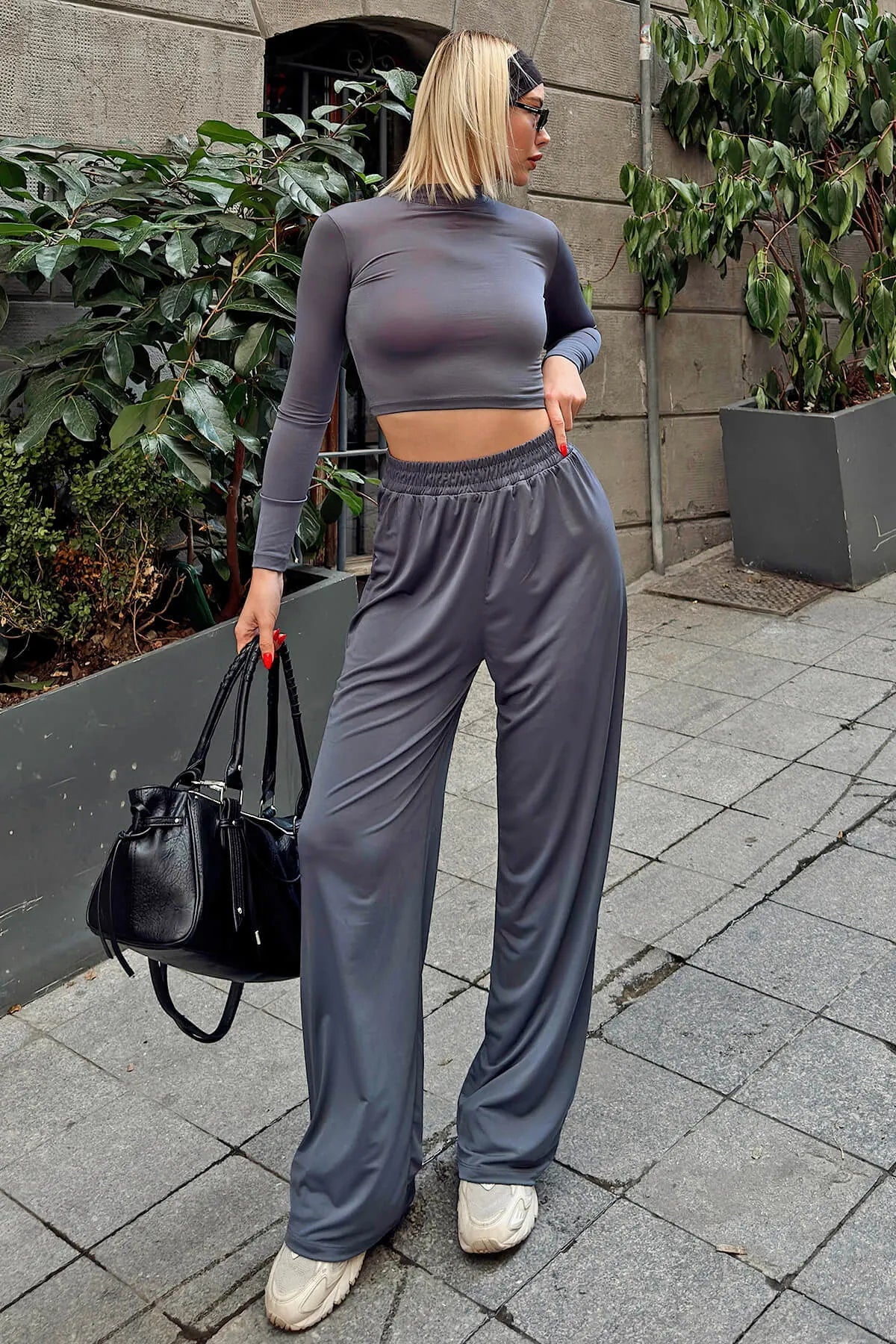 Füme Ced Yarım Balıkçı Crop Bluz-Pantolon Kadın Sandy Alt Üst Takım