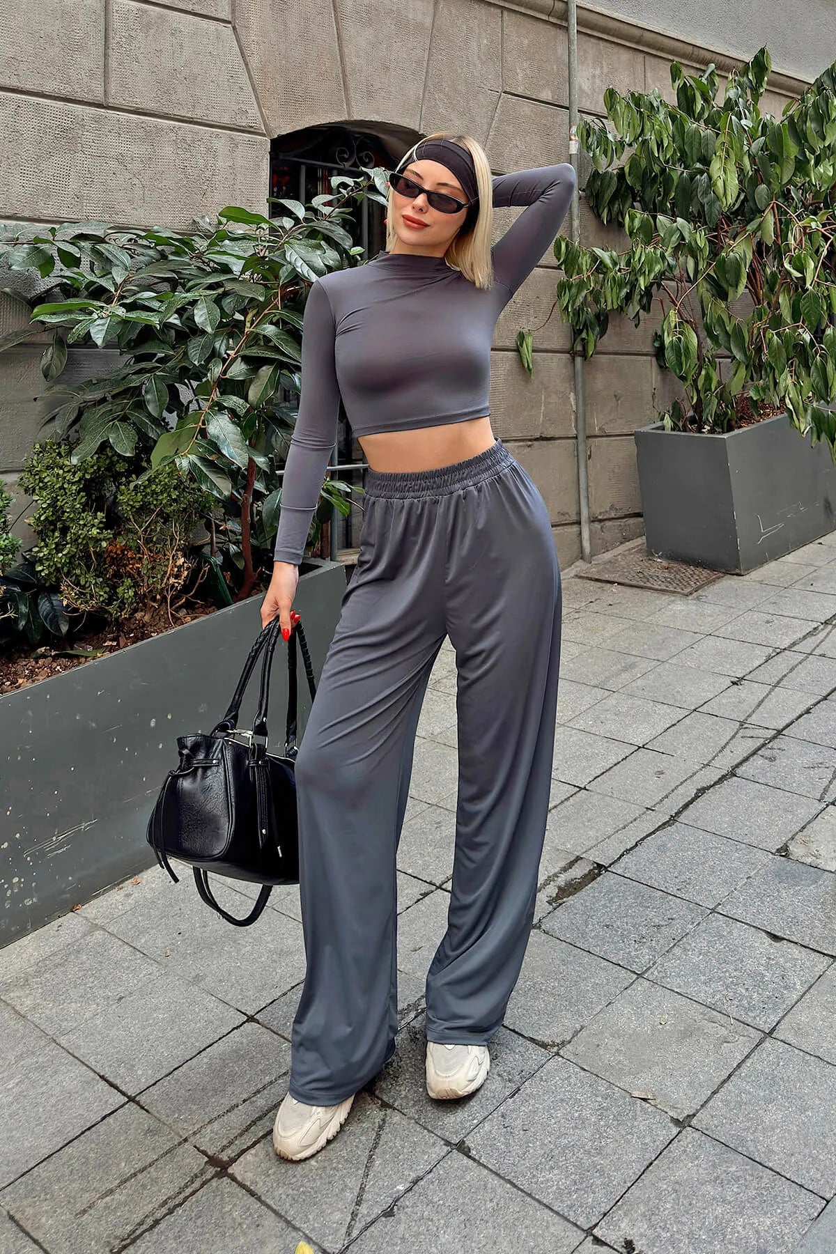 Füme Ced Yarım Balıkçı Crop Bluz-Pantolon Kadın Sandy Alt Üst Takım