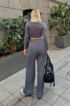 Füme Ced Yarım Balıkçı Crop Bluz-Pantolon Kadın Sandy Alt Üst Takım