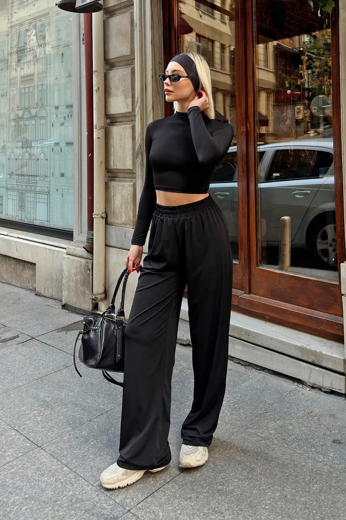 Siyah Ced Yarım Balıkçı Crop Bluz-Pantolon Kadın Sandy Alt Üst Takım