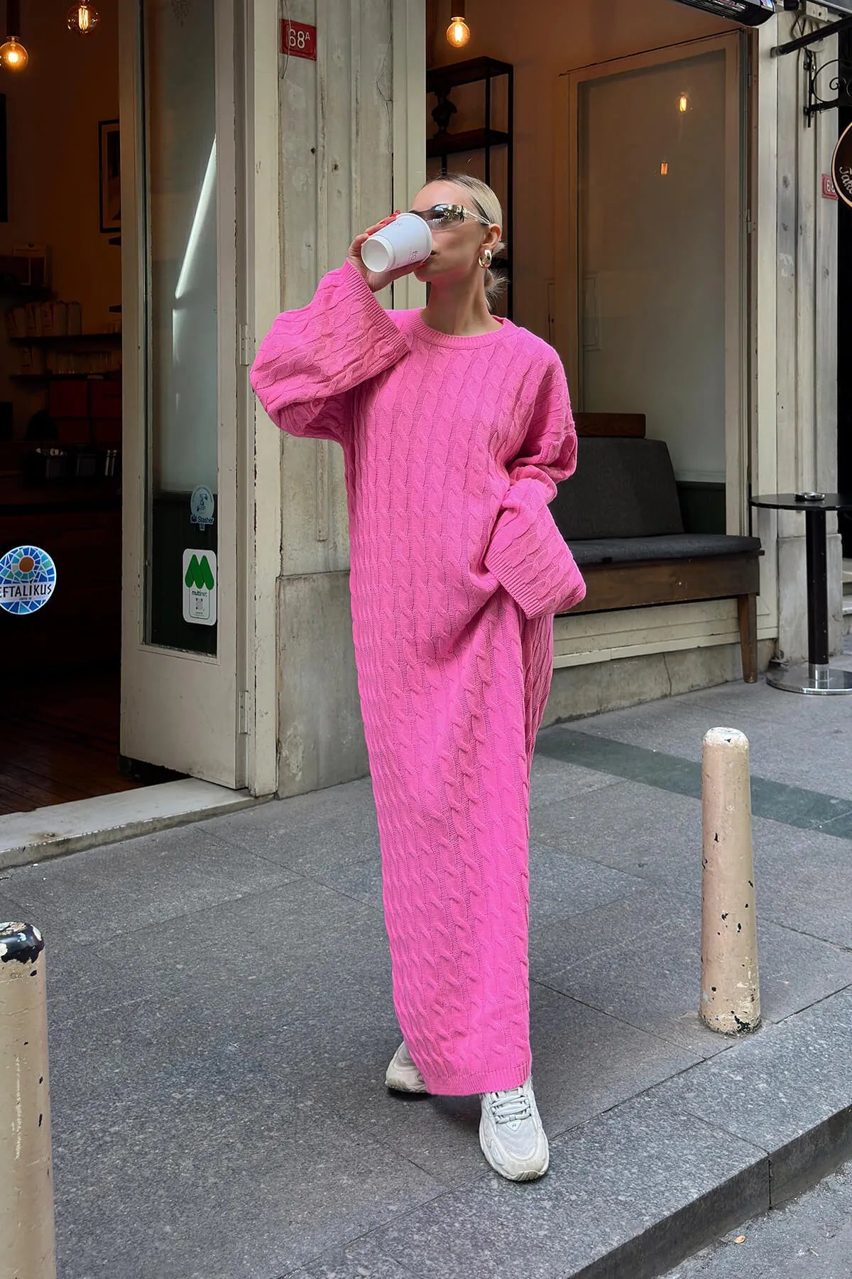 Pembe Bisiklet Yaka Saç Örgülü Kadın Triko Midi Elbise