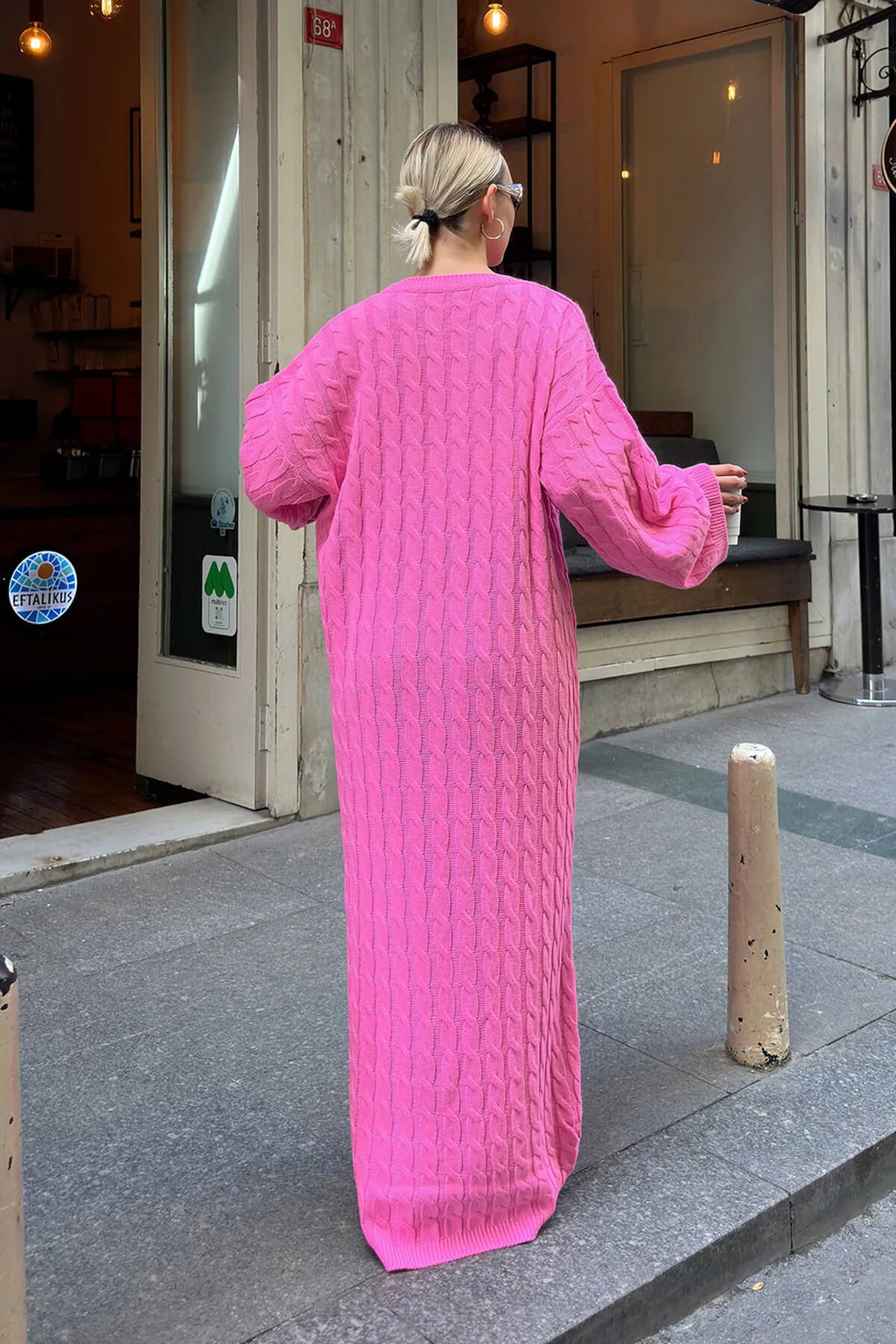 Pembe Bisiklet Yaka Saç Örgülü Kadın Triko Midi Elbise
