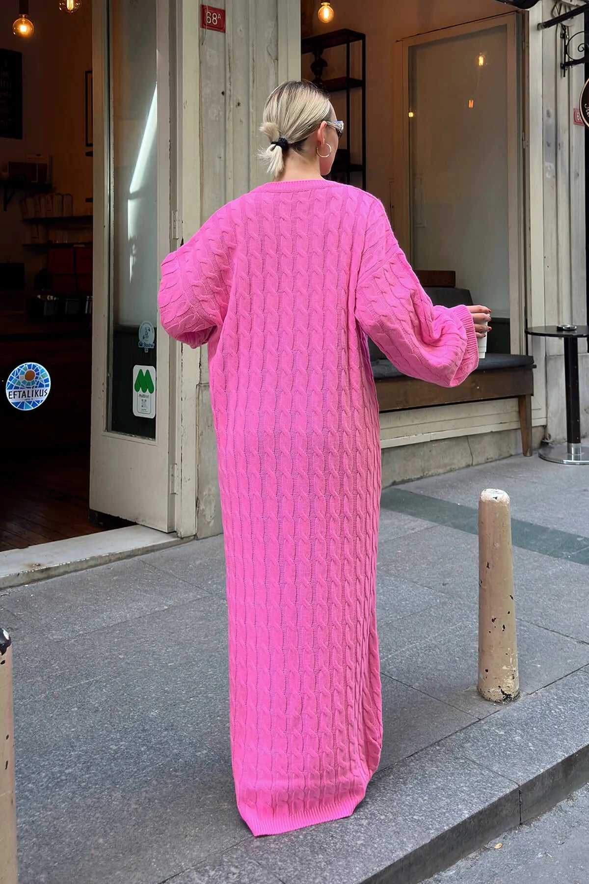 Pembe Bisiklet Yaka Saç Örgülü Kadın Triko Midi Elbise