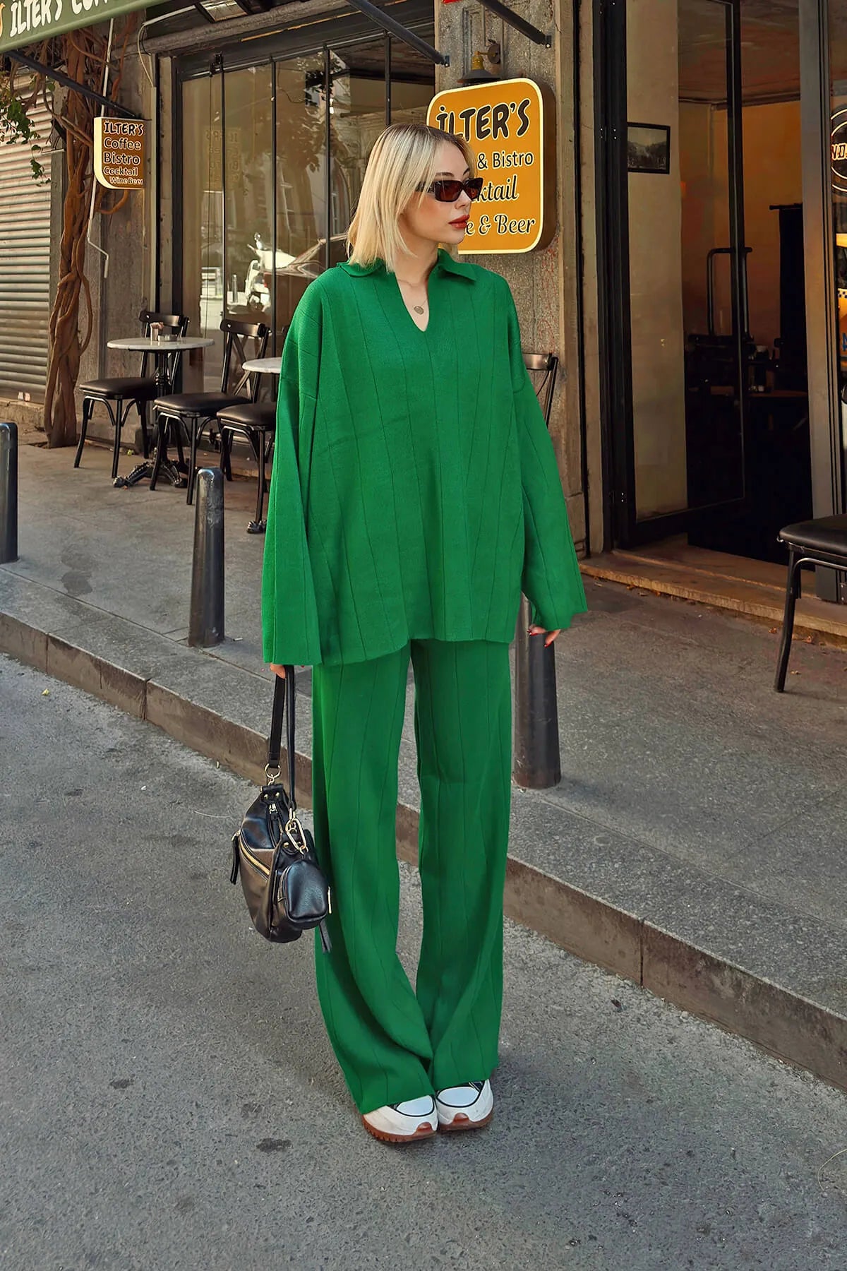 Yeşil Pra Polo Yaka Oversize Kazak-Pantolon Örgü Kadın Alt-Üst Takım