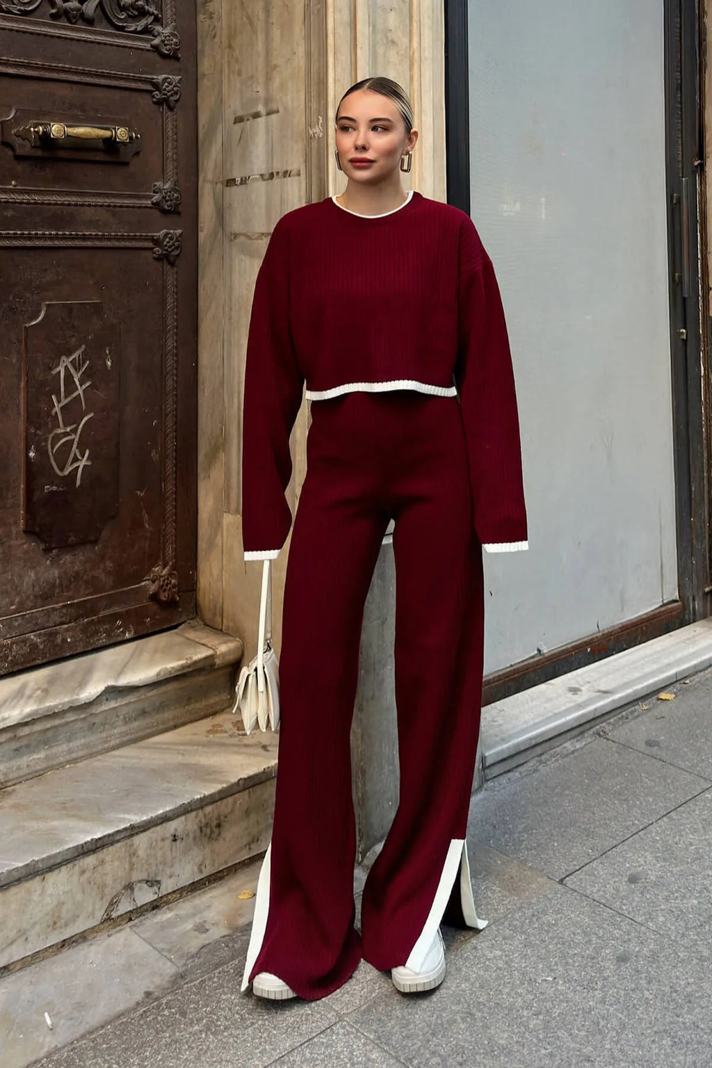 Bordo İntersiye Çizgili Yırtmaçlı Örgü Crop-Pantolon Kadın Triko Alt-Üst Takım
