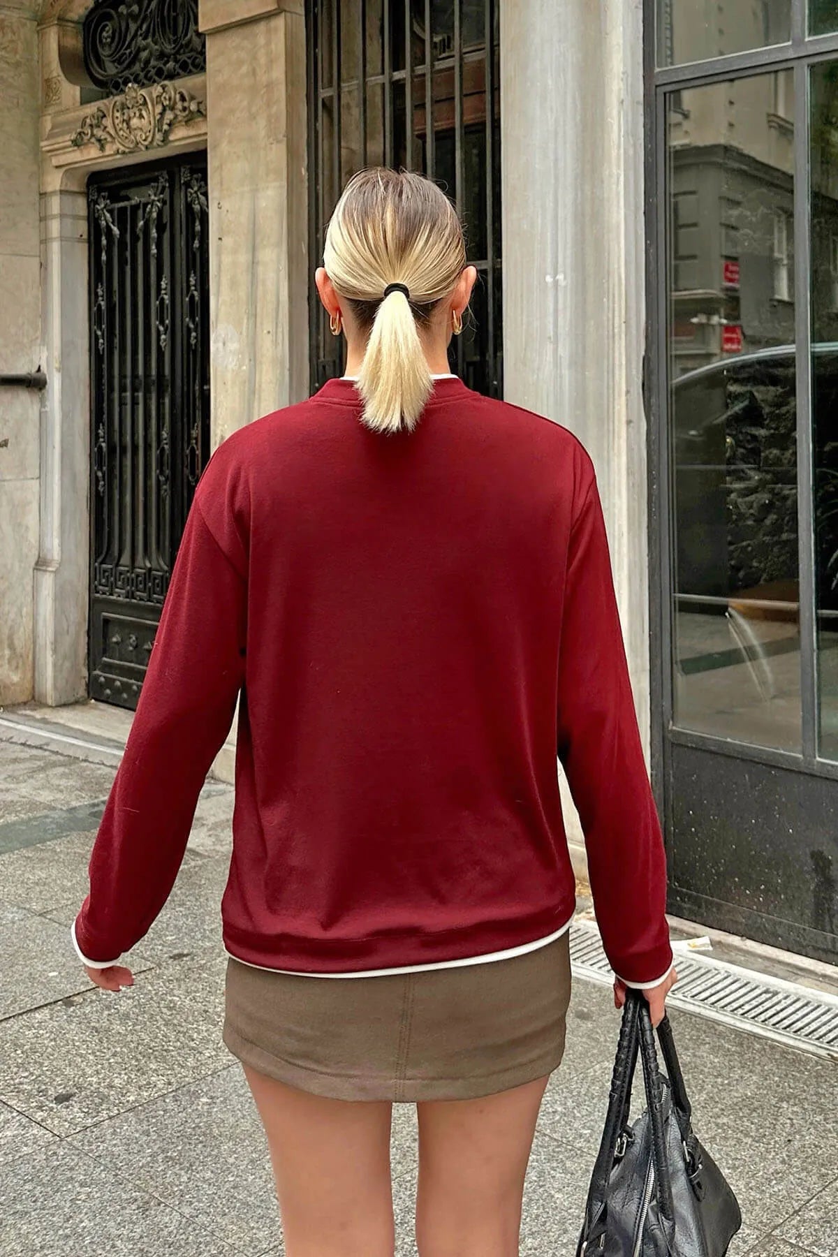 Bordo Mob Garnili Bisiklet Yaka Kadın Bluz