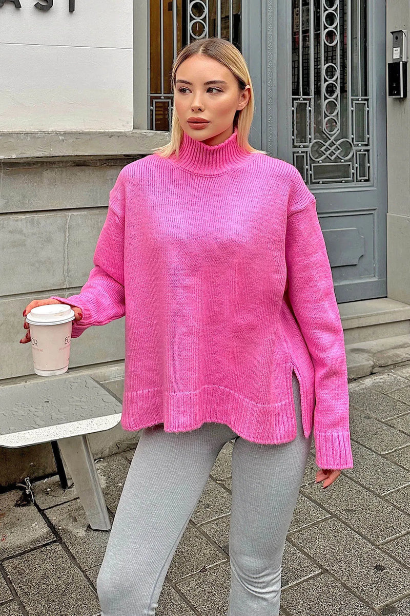 Pembe Yan Yırtmaçlı Basic Yarım Balıkçı Reglan Kol Kadın Triko Kazak