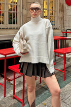 Bej Yan Yırtmaçlı Basic Yarım Balıkçı Reglan Kol Kadın Triko Kazak