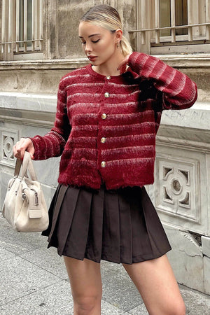 Bordo Tami Çizgili Sakallı Gold Düğmeli Kadın Triko Hırka